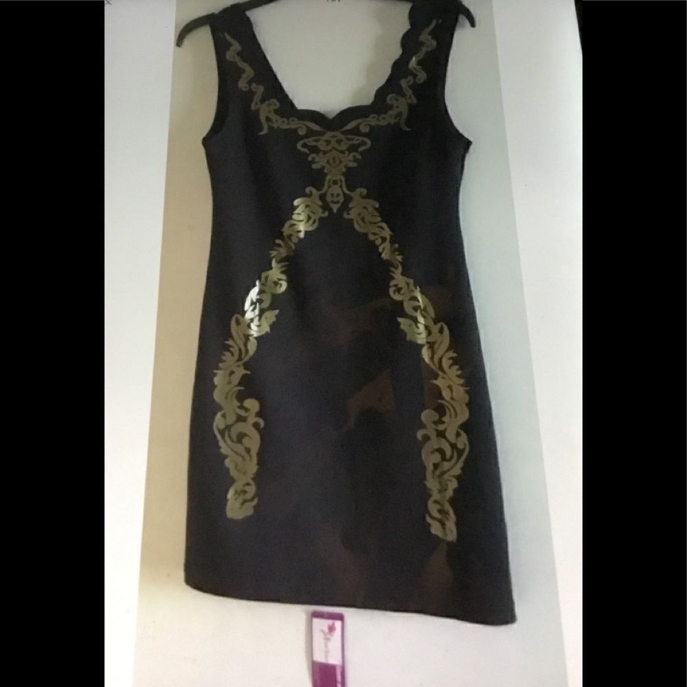 Black & Gold Foil Embossed Bodycon mini dress Sz L